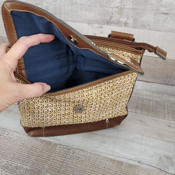 Crossbody Purse CHAPS Straw Vegan Faux Leather Cloth Strap Metal Logo Slim - Picture 5 of 16